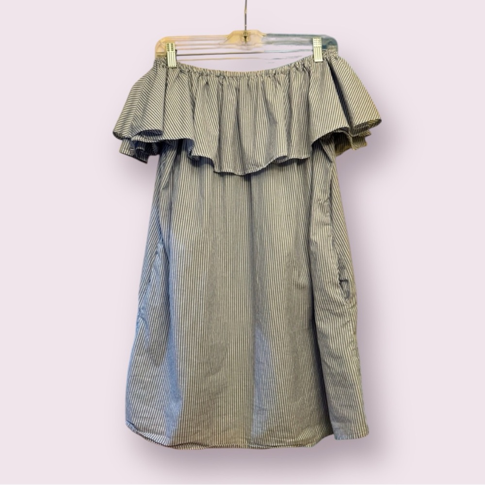 Zara Ruffled off- shoulder  A- line mini dress with blue and white stripes/ S